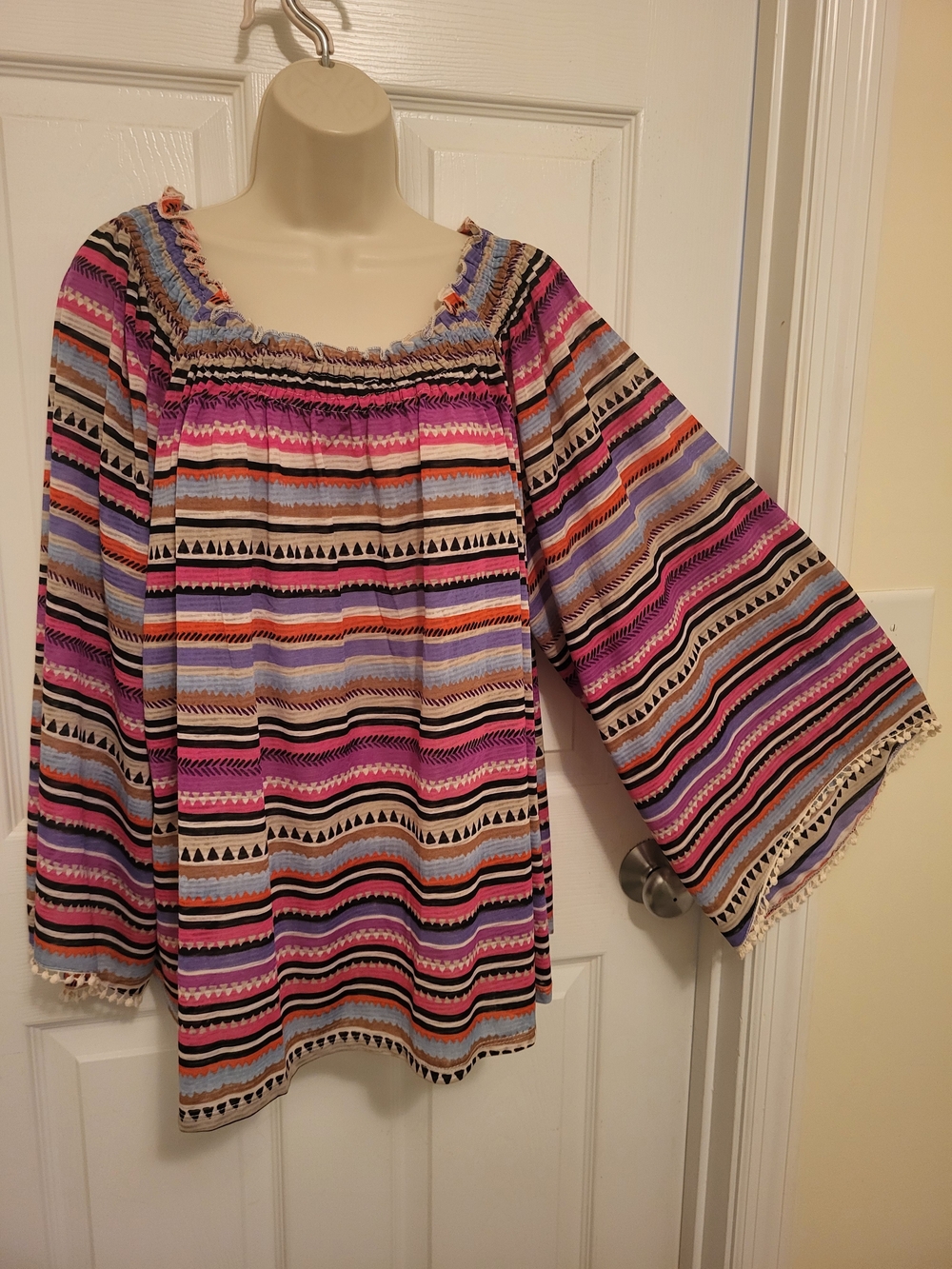 new directions Striped Boho Peasant Top in Pink, Purple, Black